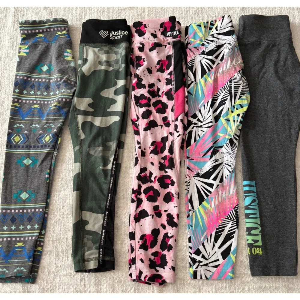 Justice Girls Leggings Lot of 5 Size XS 5/6 Camo Leopard Aztec Tropical Grey